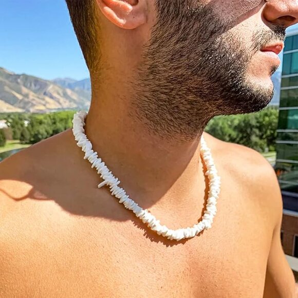 White Puka Shell Necklace, Hawaiian Style Clam Chip Surfer Necklace - Picture 5 of 7